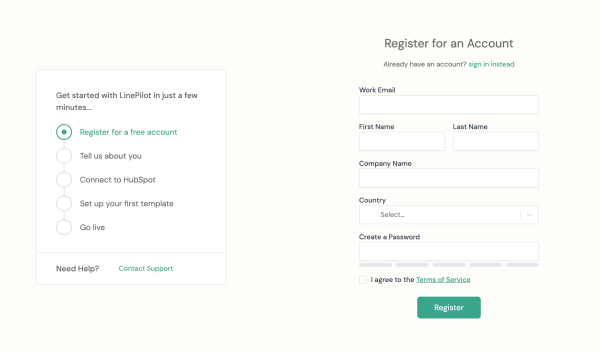 Screenshot of LinePilot registration