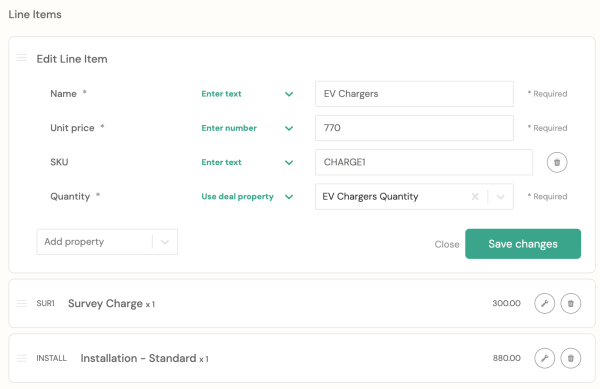 Line items for EV Chargers